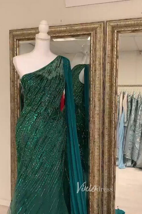 Emerald Green Beaded Mermaid Formal Dresses One Shoulder Pageant Dress FD3003-prom dresses-Viniodress-Viniodress