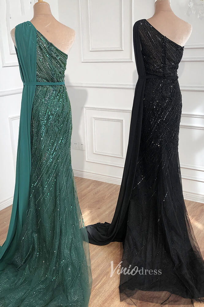 Emerald Green Beaded Mermaid Formal Dresses One Shoulder Pageant Dress FD3003-prom dresses-Viniodress-Black-US 2-Viniodress