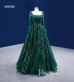 Emerald Green Long Sleeve Prom Dresses Square Neck Formal Dress 222106-prom dresses-Viniodress-Viniodress