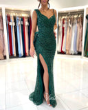 Emerald Green Mermaid Prom Dresses With Slit Sequin Evening Dress FD3149-prom dresses-Viniodress-Viniodress