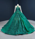 Emerald Green Quince Dress Long Sleeve Princess Ball Gown FD2454 viniodress-Quinceanera Dresses-Viniodress-Viniodress