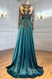 Emerald Green Satin Beaded Evening Dresses Long Sleeve Prom Dress FD3022-prom dresses-Viniodress-Viniodress