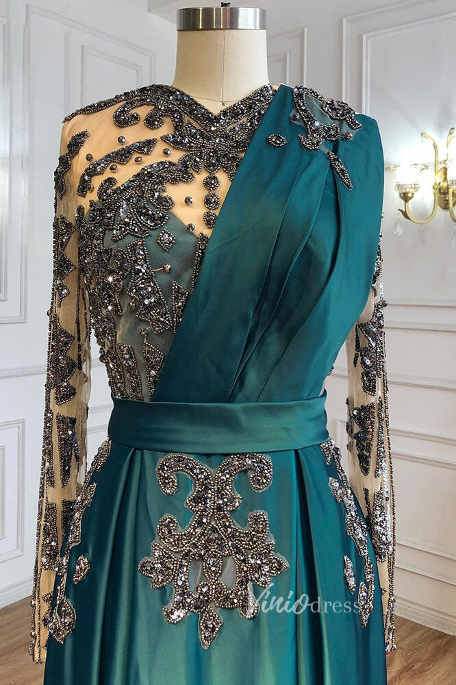 Emerald Green Satin Beaded Evening Dresses Long Sleeve Prom Dress FD3022-prom dresses-Viniodress-Viniodress