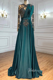 Emerald Green Satin Beaded Evening Dresses Long Sleeve Prom Dress FD3022