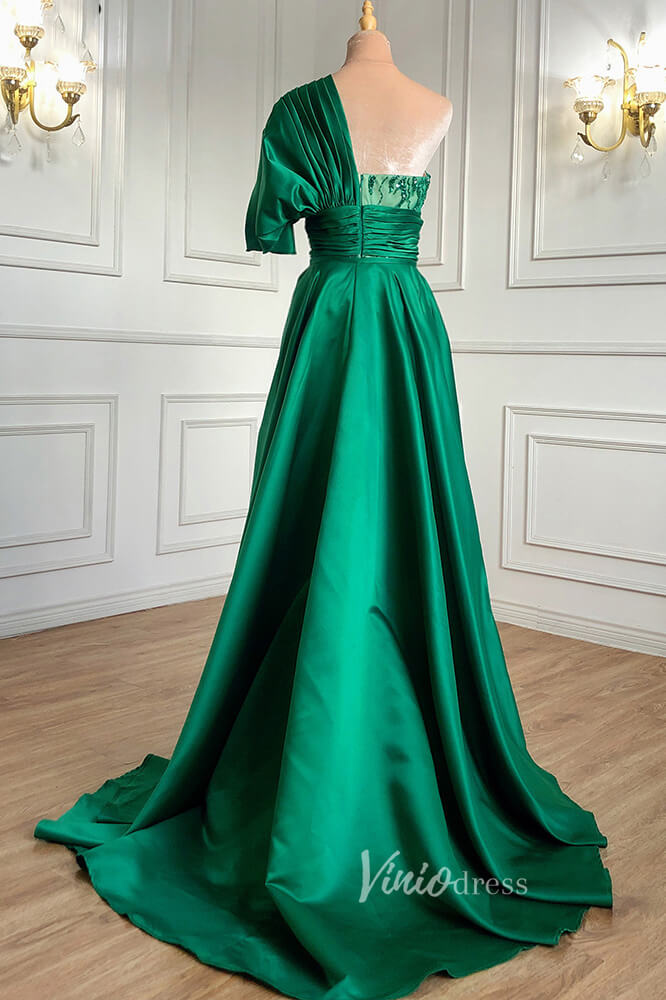 Emerald Green Satin Beaded Evening Dresses One Shoulder Prom Dress FD3024-prom dresses-Viniodress-Viniodress