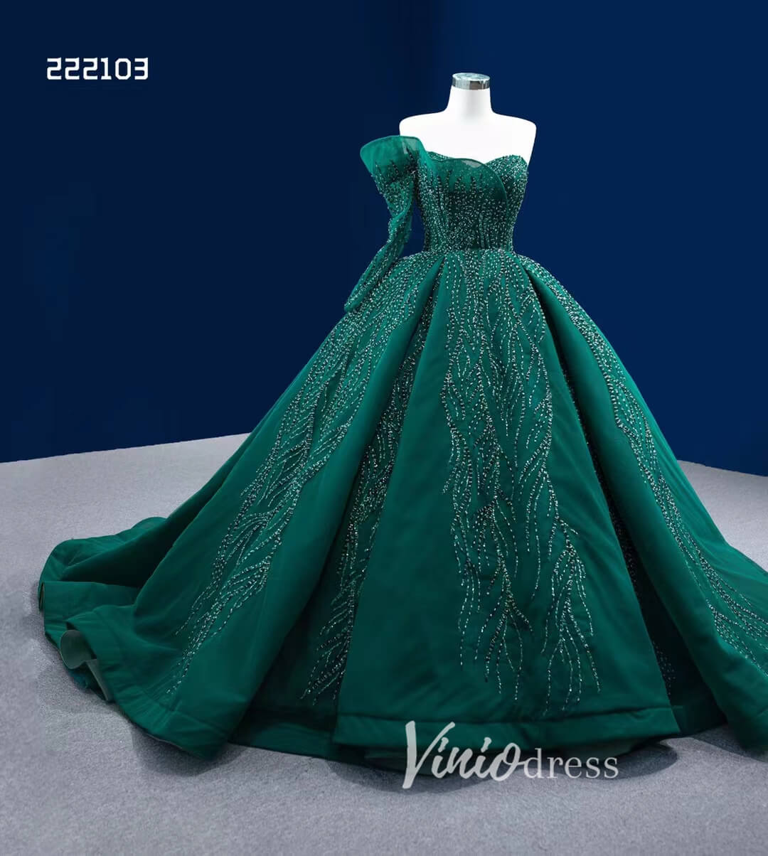 Emerald Green Wedding Dress One Shoulder Long Sleeve Ball Gown 222103-Quinceanera Dresses 2025 -Viniodress-Emerald Green-Custom Size-