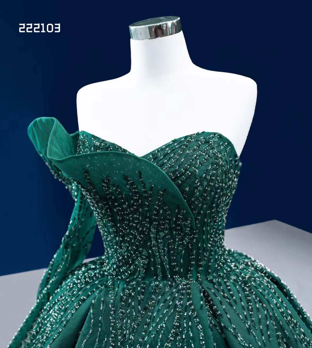 Emerald Green Wedding Dress One Shoulder Long Sleeve Ball Gown 222103-Quinceanera Dresses 2025 -Viniodress-Emerald Green-Custom Size-