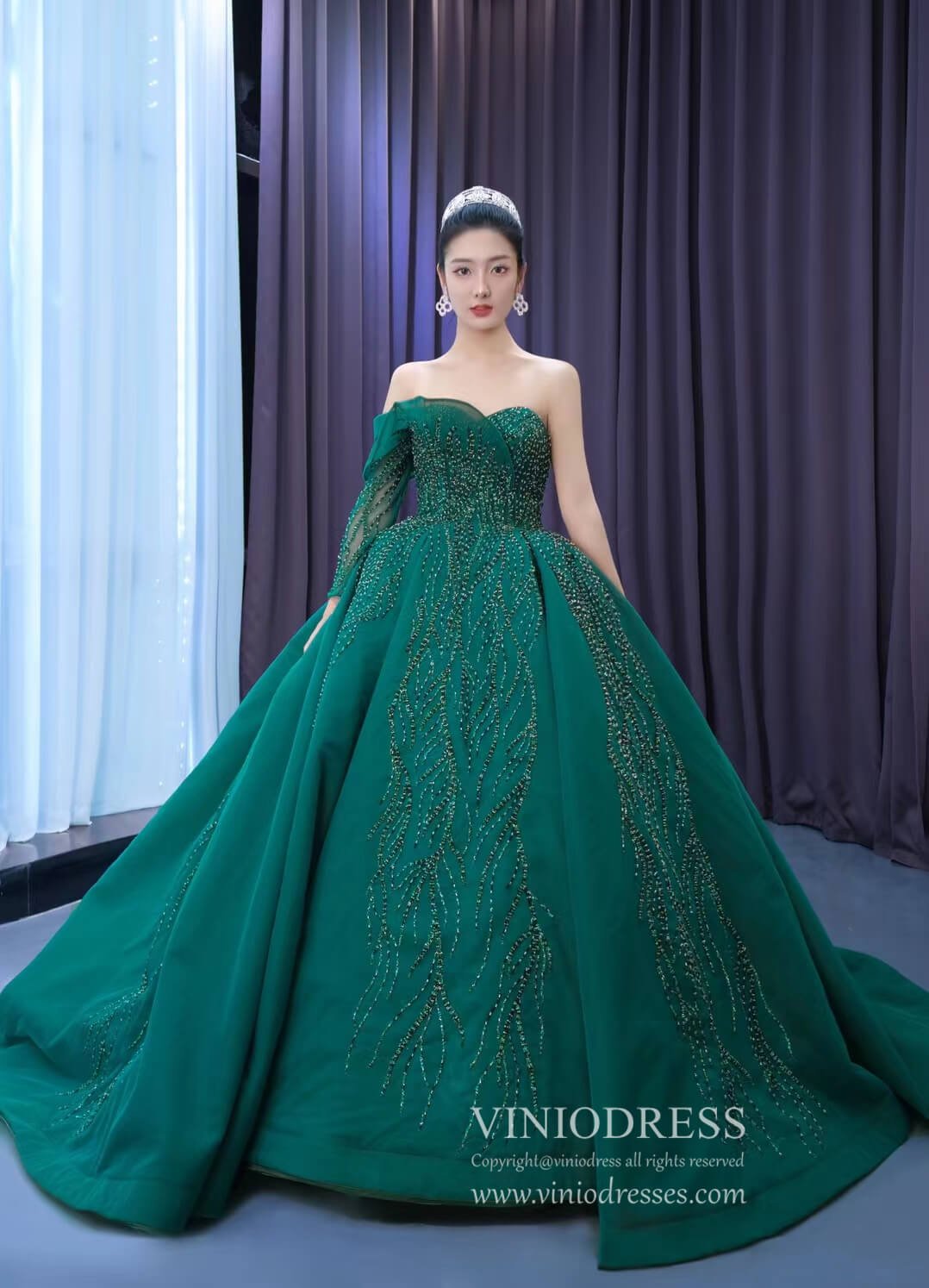 Emerald Green Wedding Dress One Shoulder Long Sleeve Ball Gown 222103-Quinceanera Dresses 2025 -Viniodress-Emerald Green-Custom Size-