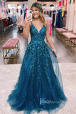 Enchanting Blue Sparkly Tulle Prom Dress with Lace Applique and Spaghetti Strap FD3464
