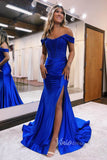 Exquisite Off-Shoulder Mermaid Prom Dress with Beaded Bodice, Satin Bottom and Slit FD3466