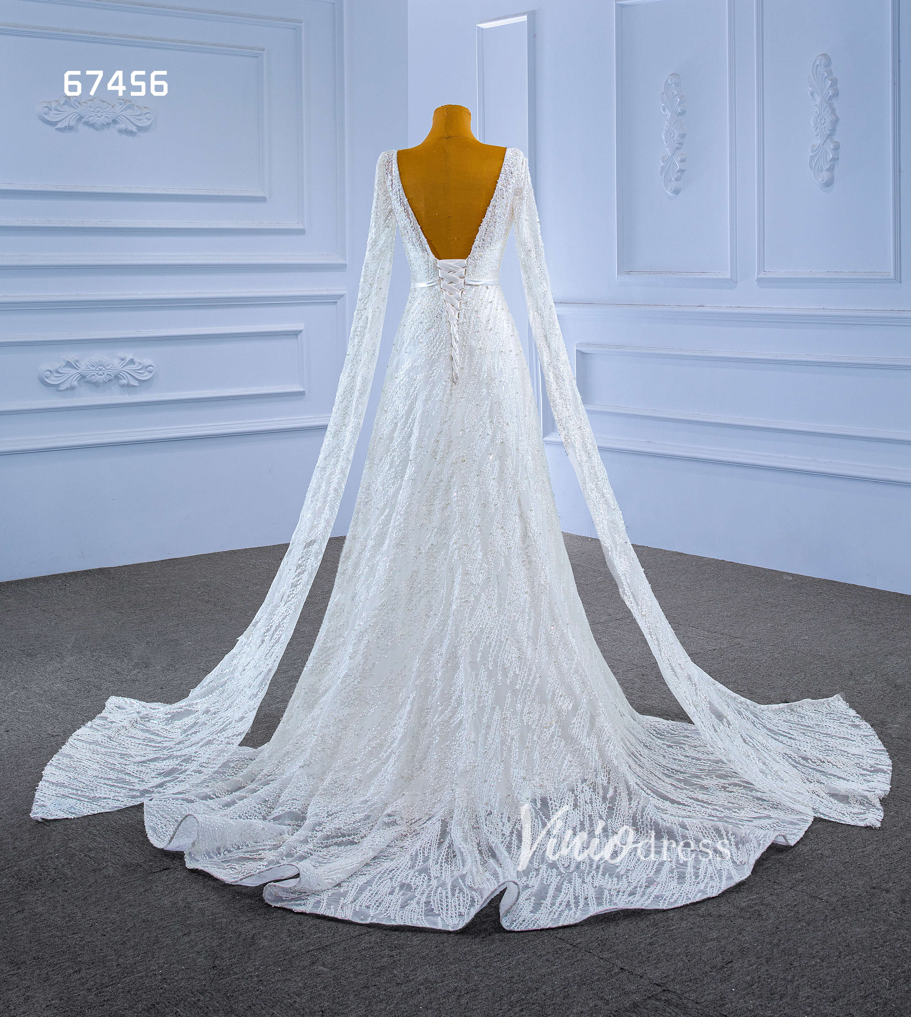 Extra Long Cape Sleeve Wedding Dresses A-line 67456-wedding dresses-Viniodress-Viniodress