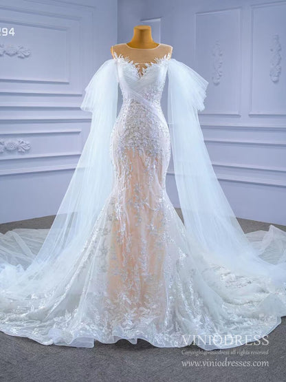 Extra Long Sleeve Mermaid Lace Wedding Dresses Champagne Underlay Viniodress viniodress-wedding dresses 2025 -Viniodress-As Picture-Custom Size-