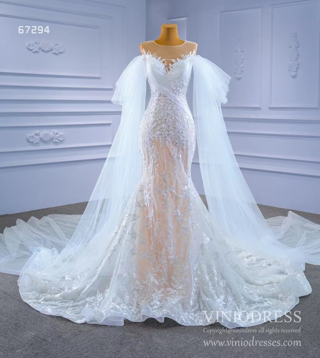 Extra Long Sleeve Mermaid Lace Wedding Dresses Champagne Underlay Viniodress viniodress-wedding dresses 2025 -Viniodress-As Picture-Custom Size-