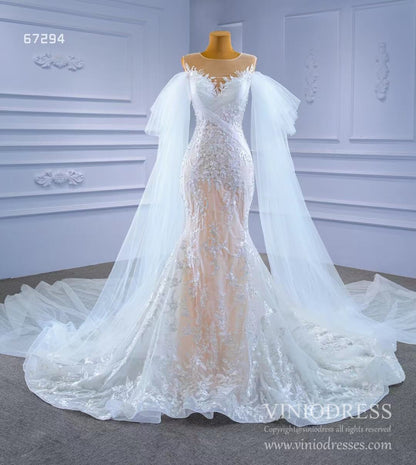 Extra Long Sleeve Mermaid Lace Wedding Dresses Champagne Underlay Viniodress viniodress-wedding dresses 2025 -Viniodress-As Picture-Custom Size-