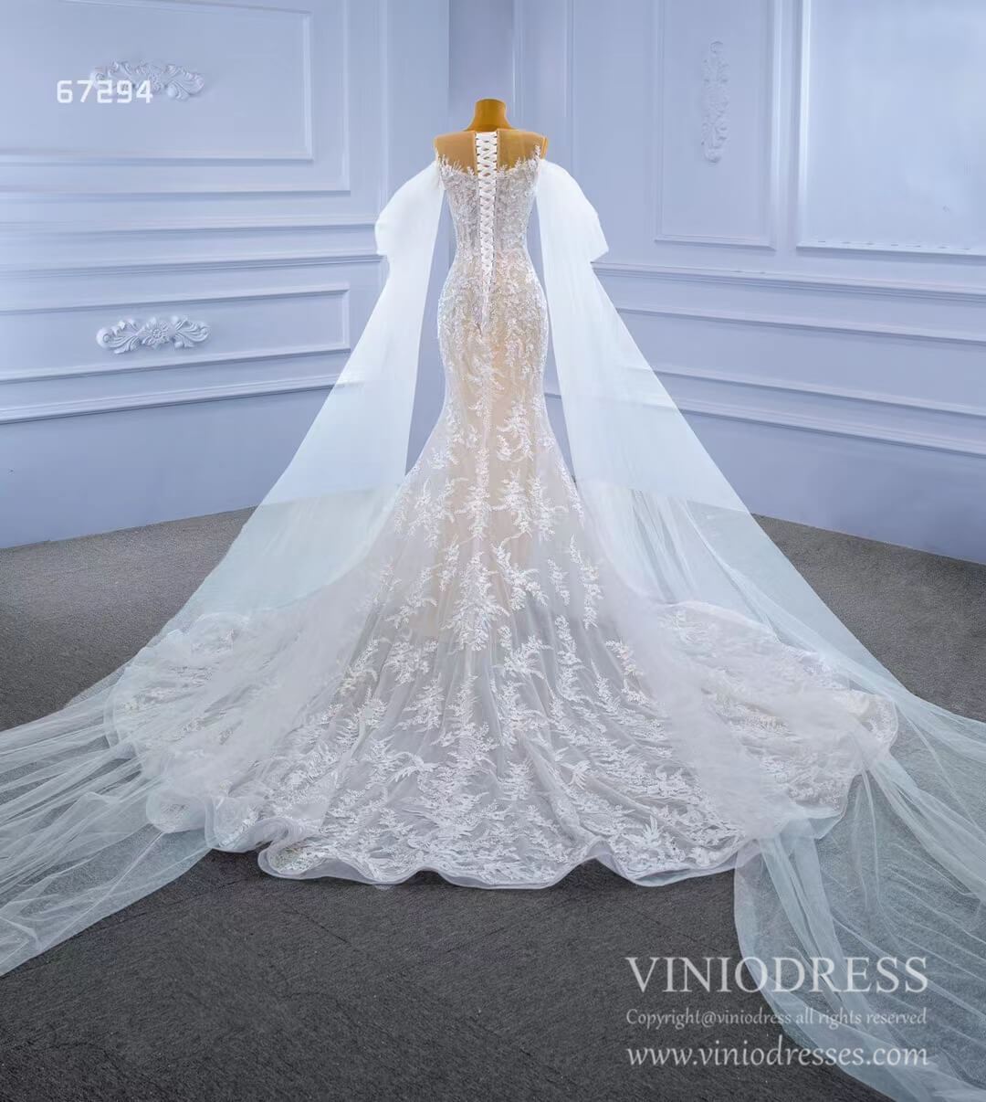 Extra Long Sleeve Mermaid Lace Wedding Dresses Champagne Underlay Viniodress viniodress-wedding dresses 2025 -Viniodress-As Picture-Custom Size-
