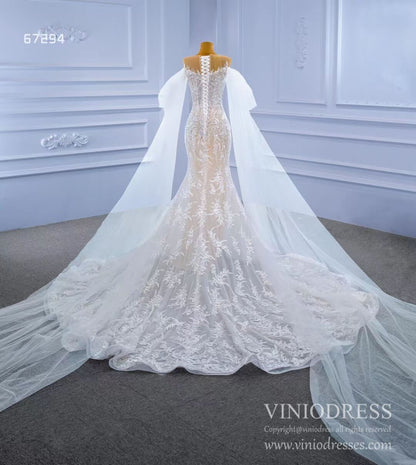 Extra Long Sleeve Mermaid Lace Wedding Dresses Champagne Underlay Viniodress viniodress-wedding dresses 2025 -Viniodress-As Picture-Custom Size-
