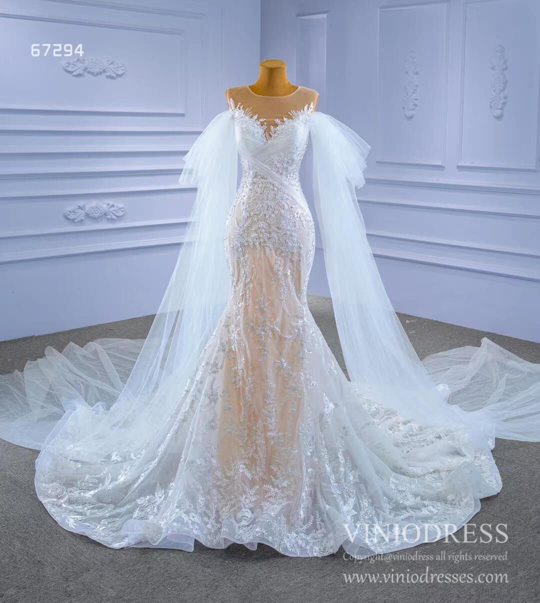 Extra Long Sleeve Mermaid Lace Wedding Dresses Champagne Underlay Viniodress viniodress-wedding dresses 2025 -Viniodress-As Picture-Custom Size-