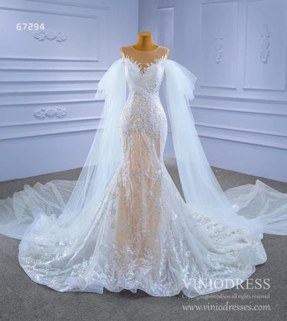 Extra Long Sleeve Mermaid Lace Wedding Dresses Champagne Underlay Viniodress viniodress-wedding dresses 2025 -Viniodress-As Picture-Custom Size-