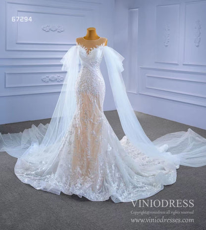 Extra Long Sleeve Mermaid Lace Wedding Dresses Champagne Underlay Viniodress viniodress-wedding dresses 2025 -Viniodress-As Picture-Custom Size-