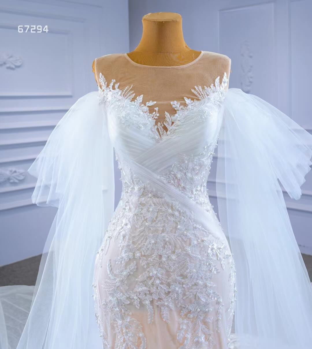 Extra Long Sleeve Mermaid Lace Wedding Dresses Champagne Underlay Viniodress viniodress-wedding dresses 2025 -Viniodress-As Picture-Custom Size-