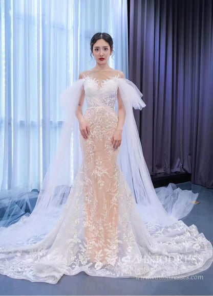 Extra Long Sleeve Mermaid Lace Wedding Dresses Champagne Underlay Viniodress viniodress-wedding dresses 2025 -Viniodress-As Picture-Custom Size-