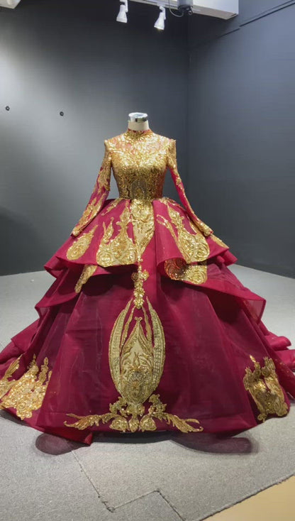 Robe de mariée modeste dorée à manches longues, col haut, 67024