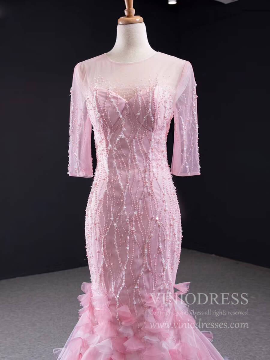 Fairy Pink Mermaid Prom Dresses with Sleeves Beaded Pageant Dress FD1393-prom dresses-Viniodress-Viniodress