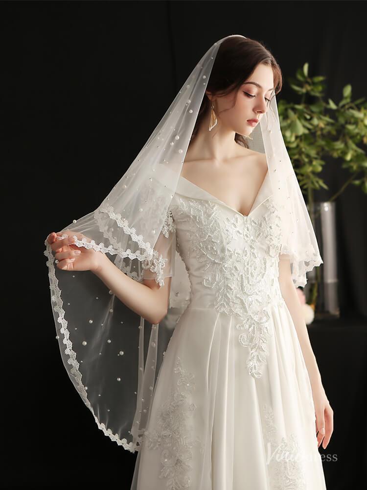 Fingertip Length Bridal Veil Pearls Lace Blusher Veils Viniodress AC1299-Bridal Veil 2025 -Viniodress-Ivory-