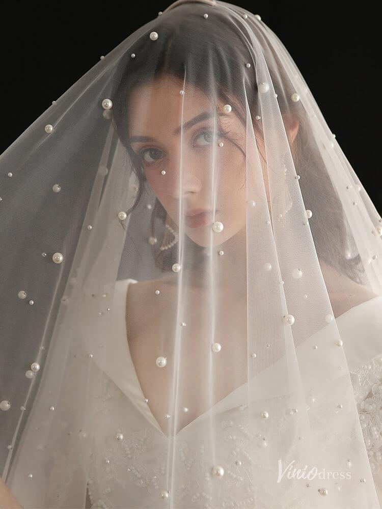Fingertip Length Bridal Veil Pearls Lace Blusher Veils Viniodress AC1299-Bridal Veil 2025 -Viniodress-Ivory-
