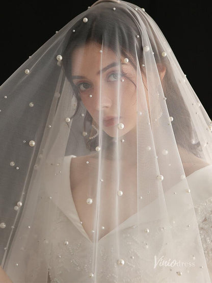 Fingertip Length Bridal Veil Pearls Lace Blusher Veils Viniodress AC1299-Bridal Veil 2025 -Viniodress-Ivory-