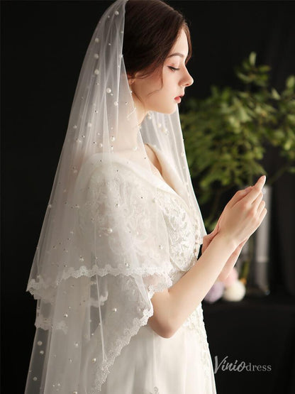 Fingertip Length Bridal Veil Pearls Lace Blusher Veils Viniodress AC1299-Bridal Veil 2025 -Viniodress-Ivory-
