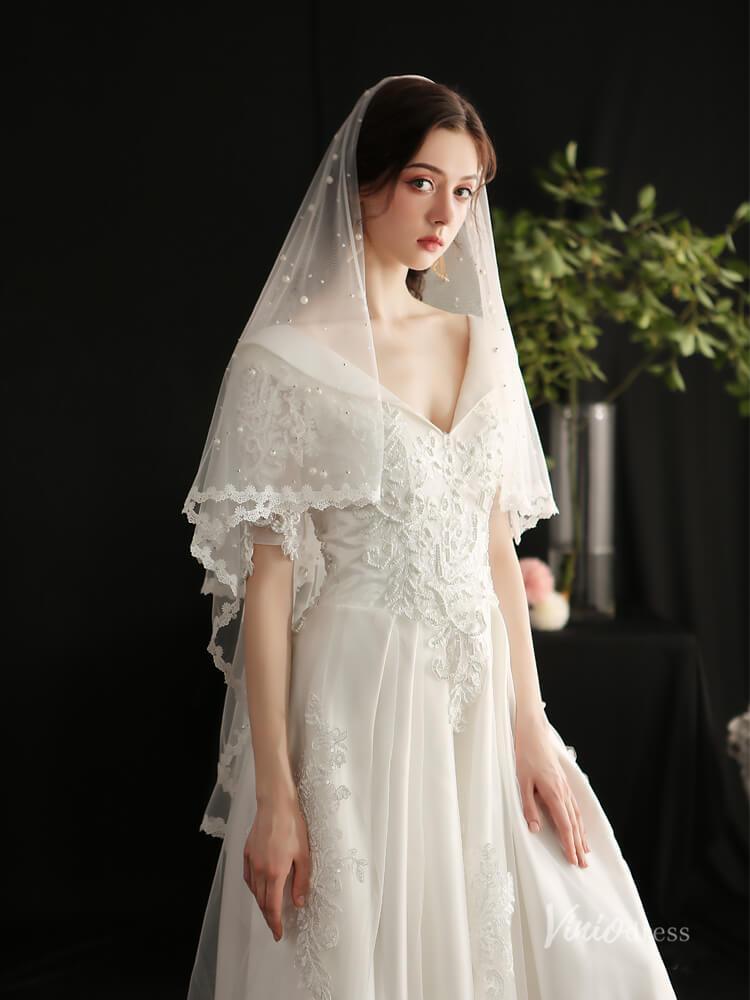 Fingertip Length Bridal Veil Pearls Lace Blusher Veils Viniodress AC1299-Bridal Veil 2025 -Viniodress-Ivory-