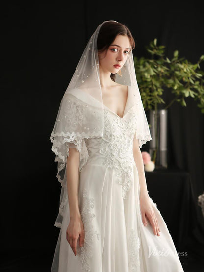 Fingertip Length Bridal Veil Pearls Lace Blusher Veils Viniodress AC1299-Bridal Veil 2025 -Viniodress-Ivory-