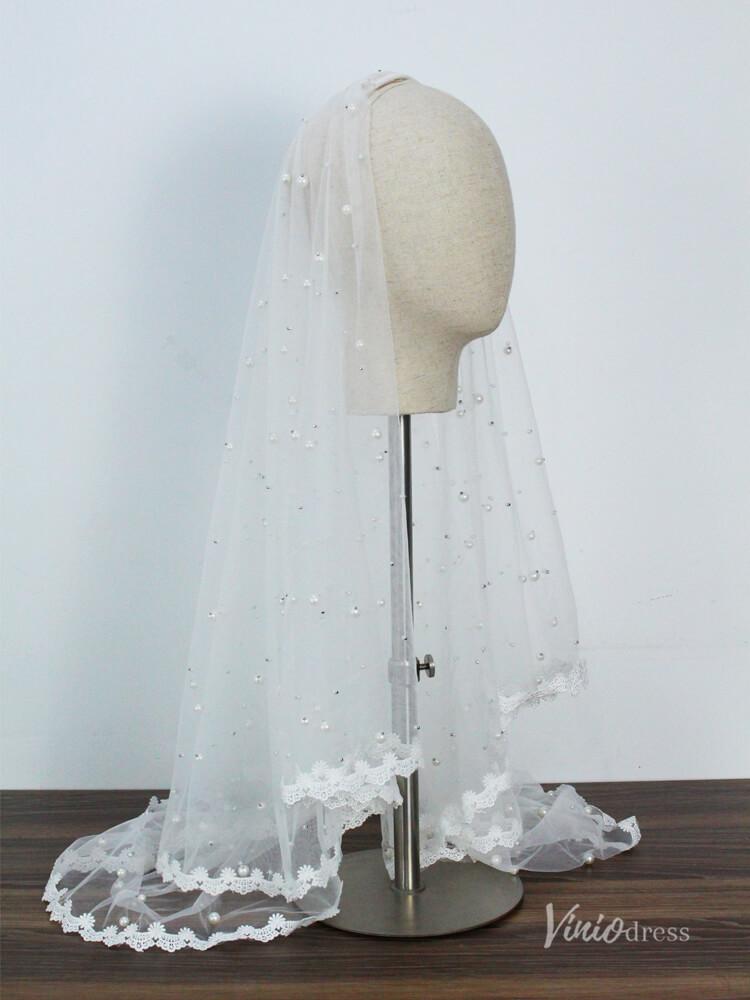 Fingertip Length Bridal Veil Pearls Lace Blusher Veils Viniodress AC1299-Bridal Veil 2025 -Viniodress-Ivory-