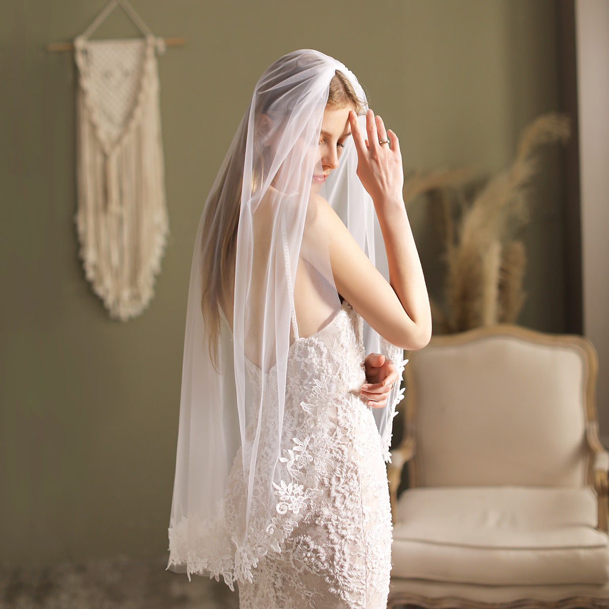 Fingertip Length Lacy Veil-Accessories-Viniodress-Ivory-Viniodress