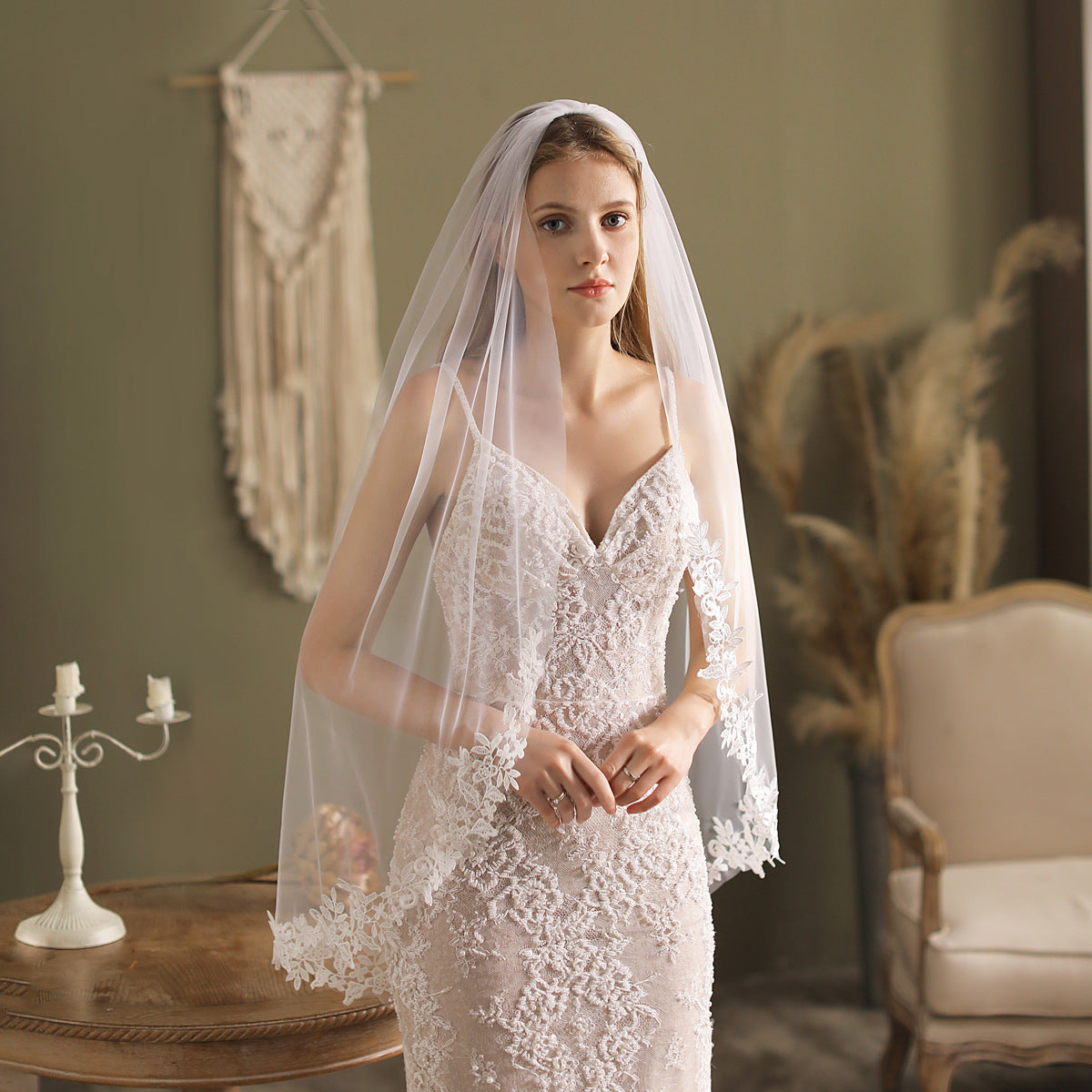 Fingertip Length Lacy Veil-Accessories-Viniodress-Ivory-Viniodress