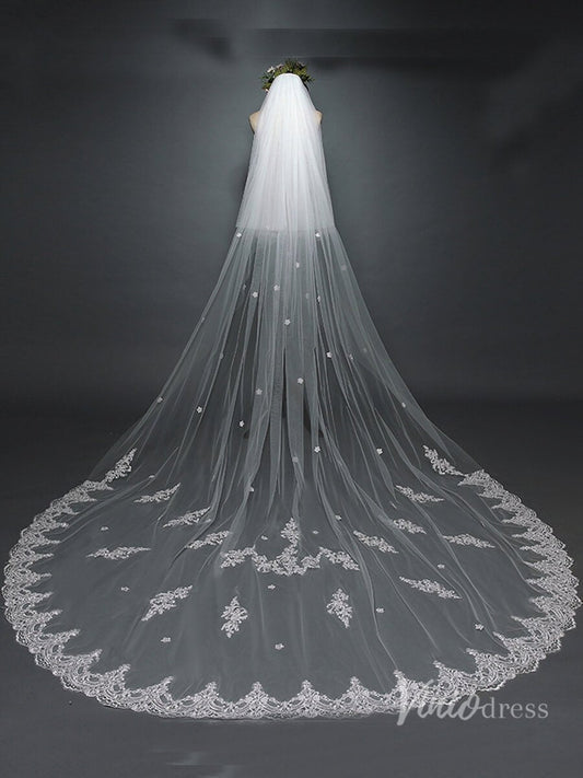 Floral Lace Cathedral Veil with Blusher Viniodress TS17117-Bridal Veil 2025 -Viniodress-Ivory-