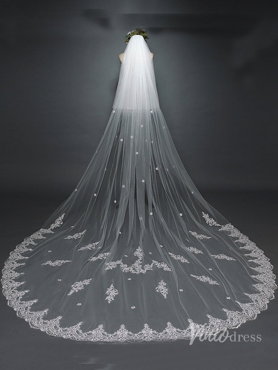 Floral Lace Cathedral Veil with Blusher Viniodress TS17117-Bridal Veil 2025 -Viniodress-Ivory-