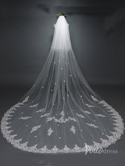 Floral Lace Cathedral Veil with Blusher Viniodress TS17117-Bridal Veil 2025 -Viniodress-Ivory-