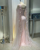 Floral Pink Evening Dresses Sheath Square Neck Wedding Guest Dress with Cape 20084-prom dresses-Viniodress-Viniodress