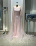 Floral Pink Evening Dresses Sheath Square Neck Wedding Guest Dress with Cape 20084-prom dresses-Viniodress-Viniodress