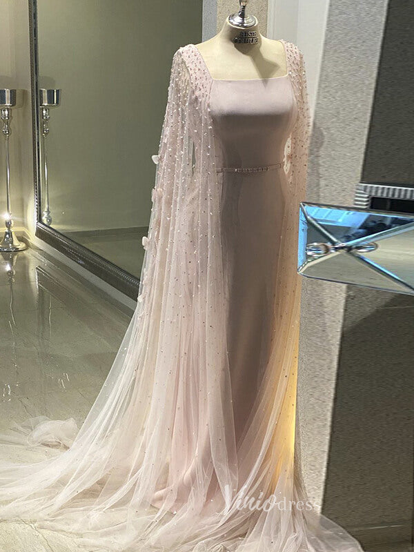 Floral Pink Evening Dresses Sheath Square Neck Wedding Guest Dress with Cape 20084-prom dresses-Viniodress-Pink-US 2-Viniodress