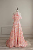 Floral Pink Wedding Dress Off the Shoulder Sparkly Sequin Prom Dresses 90001