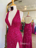 Fuchsia Sequin Prom Dresses with Slit Mermaid Plunging V-Neck Evening Dress FD3281-prom dresses-Viniodress-Viniodress