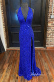 Fuchsia Sequin Prom Dresses with Slit Mermaid Plunging V-Neck Evening Dress FD3281-prom dresses-Viniodress-Blue-Custom Size-Viniodress