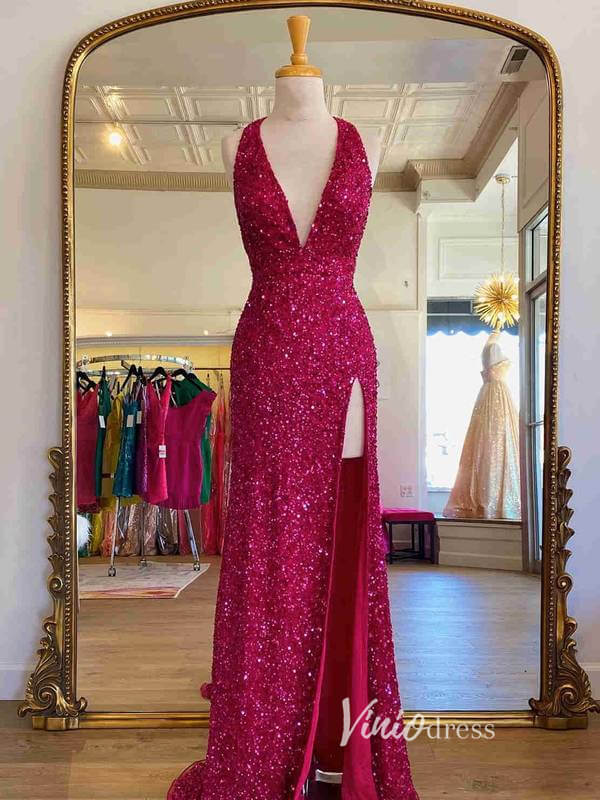 Fuchsia Sequin Prom Dresses with Slit Mermaid Plunging V-Neck Evening Dress FD3281-prom dresses-Viniodress-Fuchsia-Custom Size-Viniodress