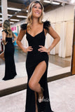 Glamorous Black Sparkly Mermaid Prom Dress with Feather, Slit and Spaghetti Strap FD3462-prom dresses-Viniodress-Viniodress