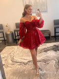 Glitter Red Homecoming Dress Long Puff Sleeve Graduation Dresses SD1465-homecoming dresses-Viniodress-Viniodress