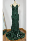 Glittering Dark Green Mermaid Prom Dresses Spaghetti Strap FD1550
