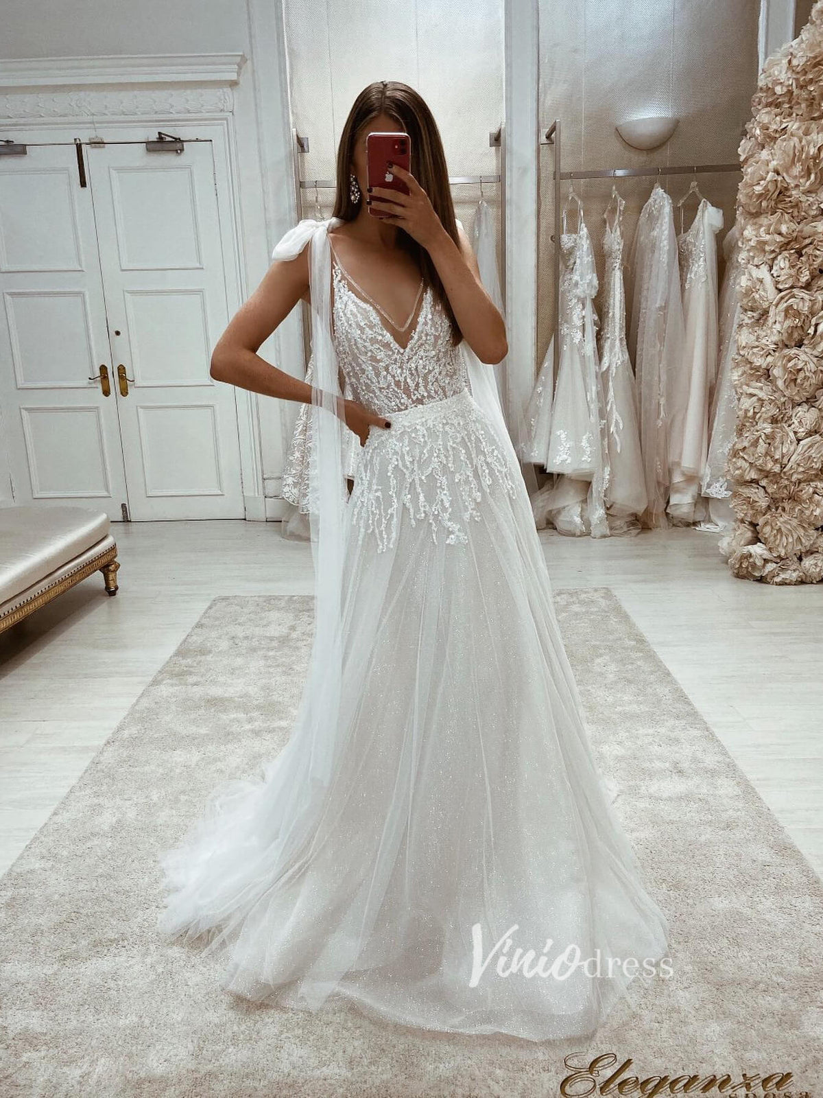 Glittery A-line V-neck Wedding Dresses Beaded Bodice VW2064-wedding dresses-Viniodress-Ivory-Custom Size-Viniodress